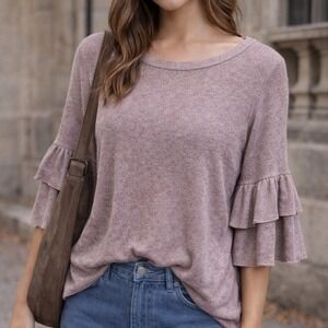 Ollie Pearl Mauve Tiered Ruffle Sleeve Knit Top Scoop Neck Romantic Boho Medium